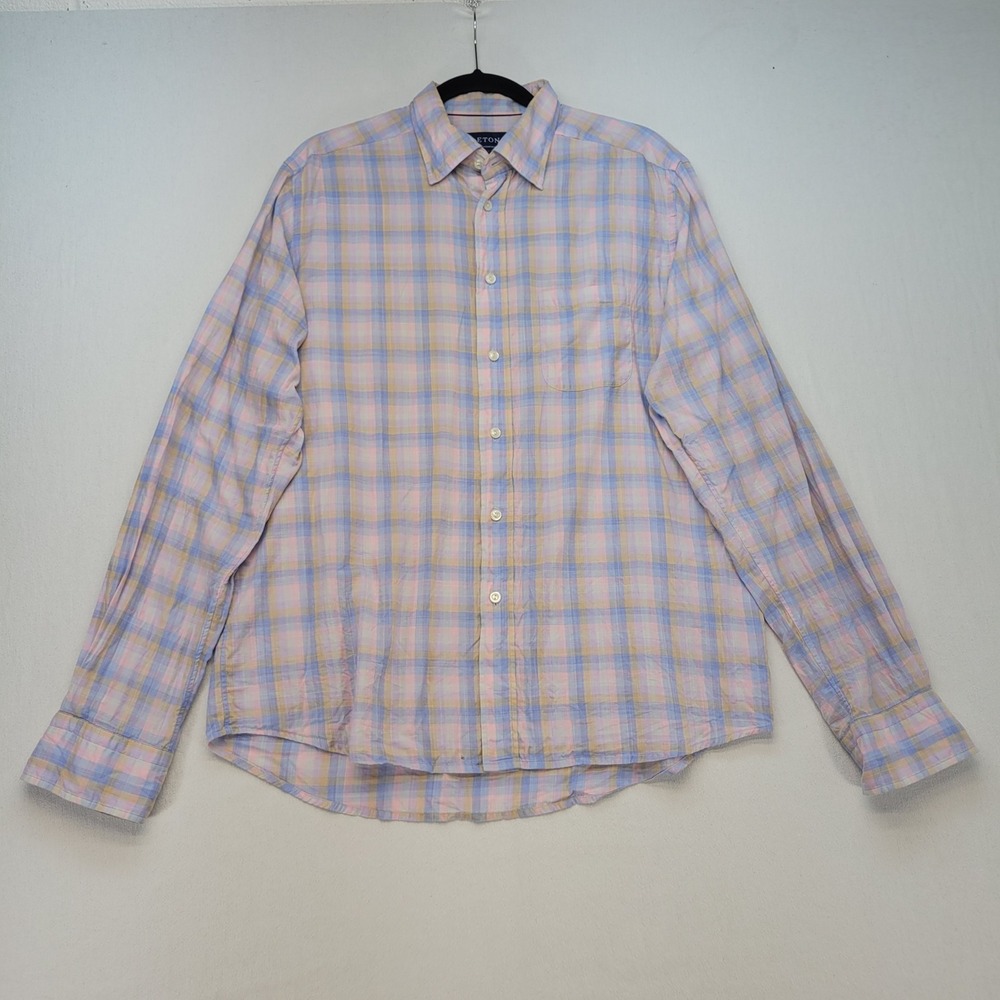 Eton Button Down Shirt‎ Men 16.5/42 Pastel Pink Blue Plaid Contemporary Fit